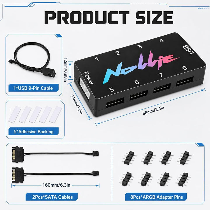 ARGB Controller, ZMCVOE 8-Port RGB Controller PC mit 2 SATA Kabel, 5V 3PIN PC-Beleuchtungs-Hub, ARGB