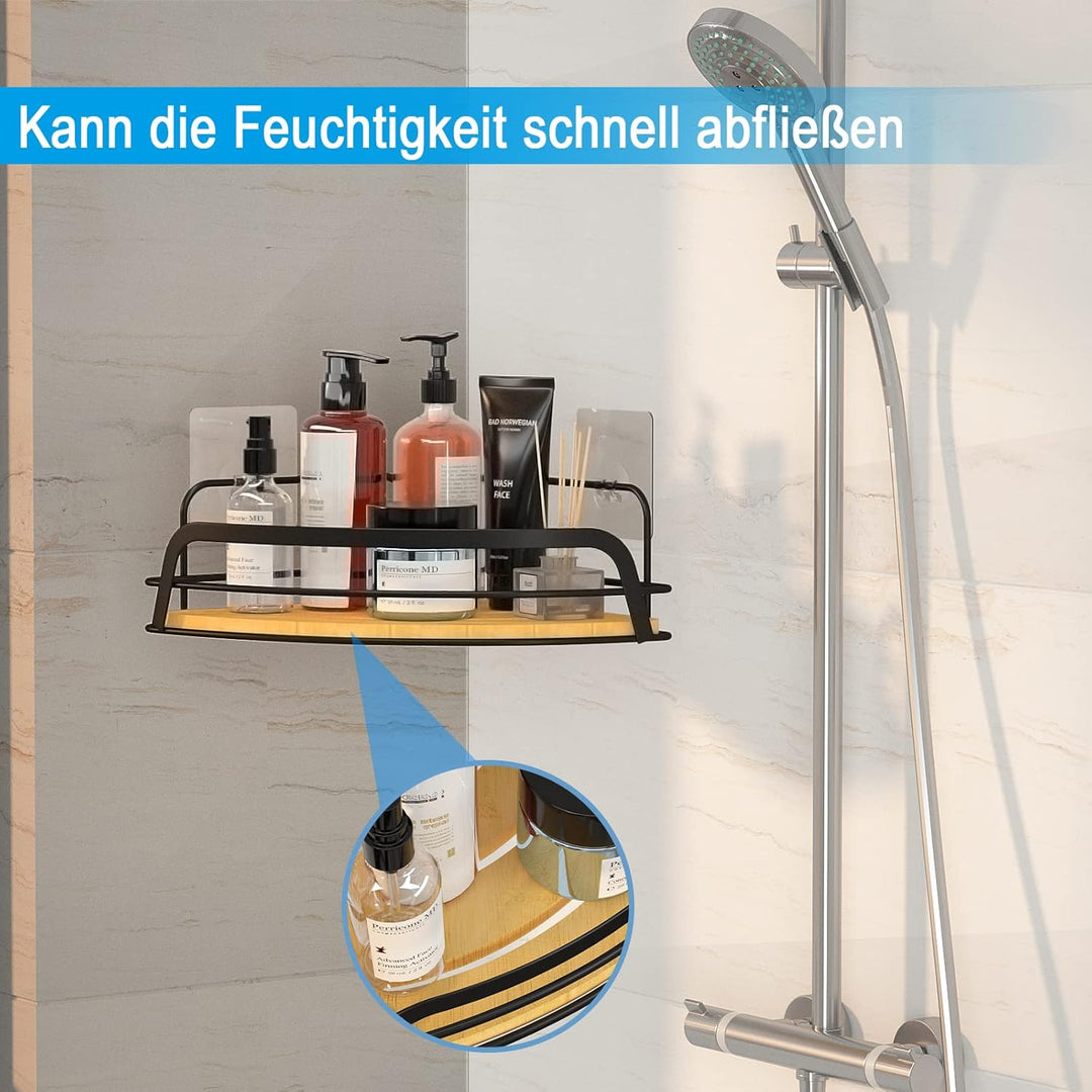Duschablage Ecke ohne bohren, Duschregal Schwarz Selbstklebend Bambus Eckregal, Duschkorb Badregal E