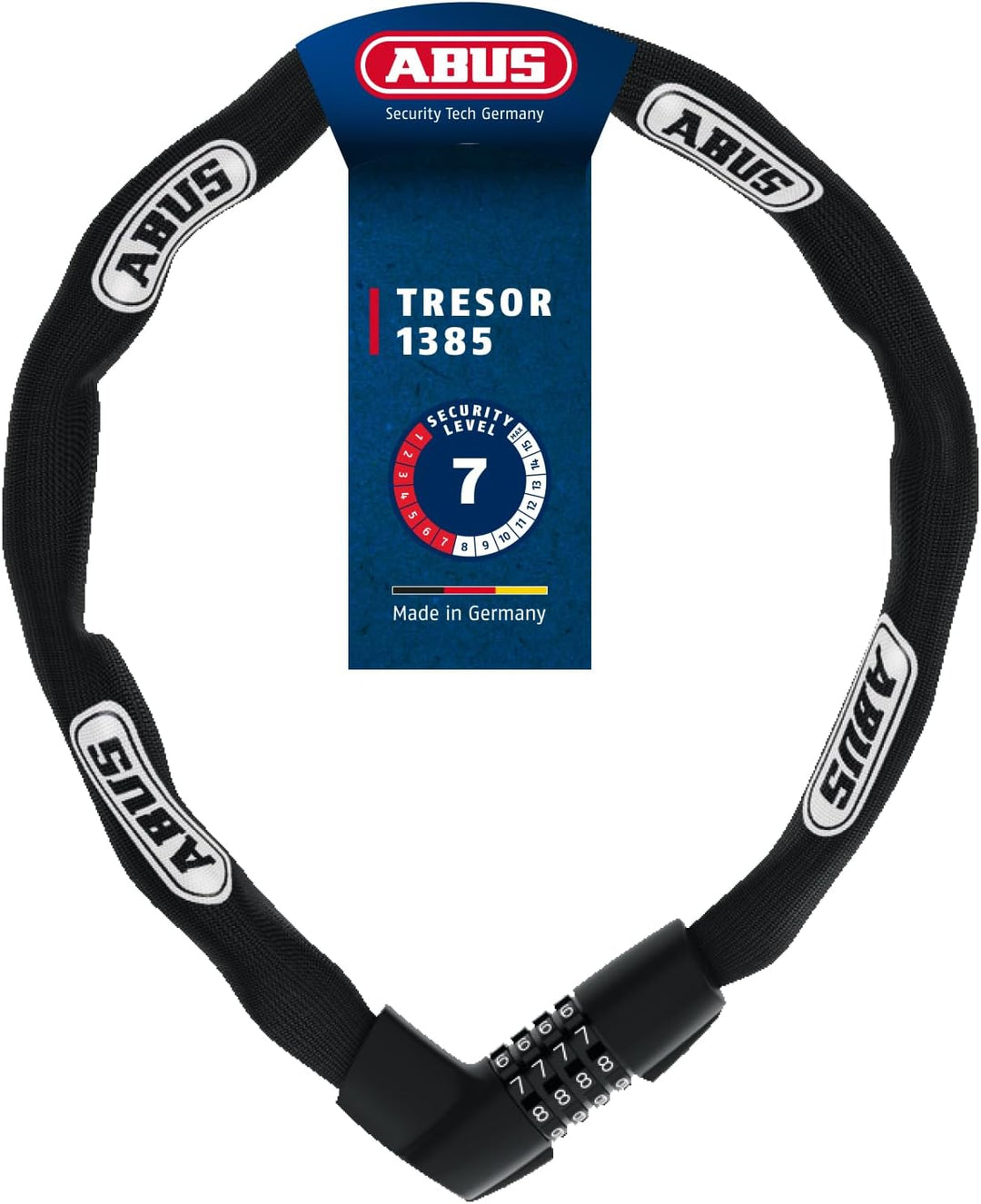 ABUS Kettenschloss Tresor 1385 – Zahlenschloss aus gehärtetem Stahl – 7 mm starke Vierkantkette – AB