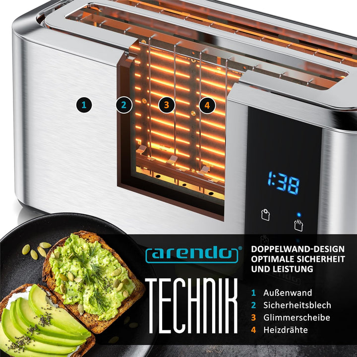Arendo - Edelstahl Toaster Langschlitz 4 Scheiben- Touchscreen – Doppelwandgehäuse – 1500 W – Integr