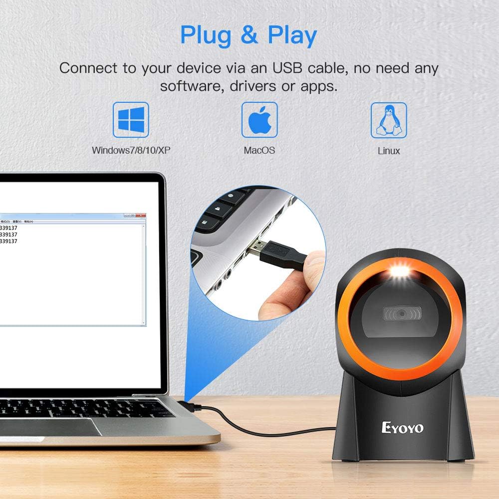 Eyoyo 1D 2D QR Desktop Barcode Scanner with Large Scan Window, Hands-Free Barcode Reader with QR Scr