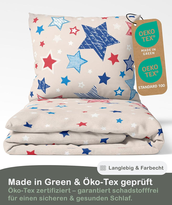 LINKHOFF Sterne Babybettwäsche 100 x 135 | Flanell Kinderbettwäsche 135x100 Beige Blau | Fein-Biber