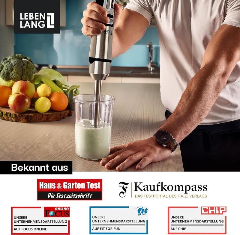 LEBENLANG Akku Stabmixer Kabellos - Inkl. 800ml Messbecher & USB-C Ladekabel I Kabelloser Akku Pürie