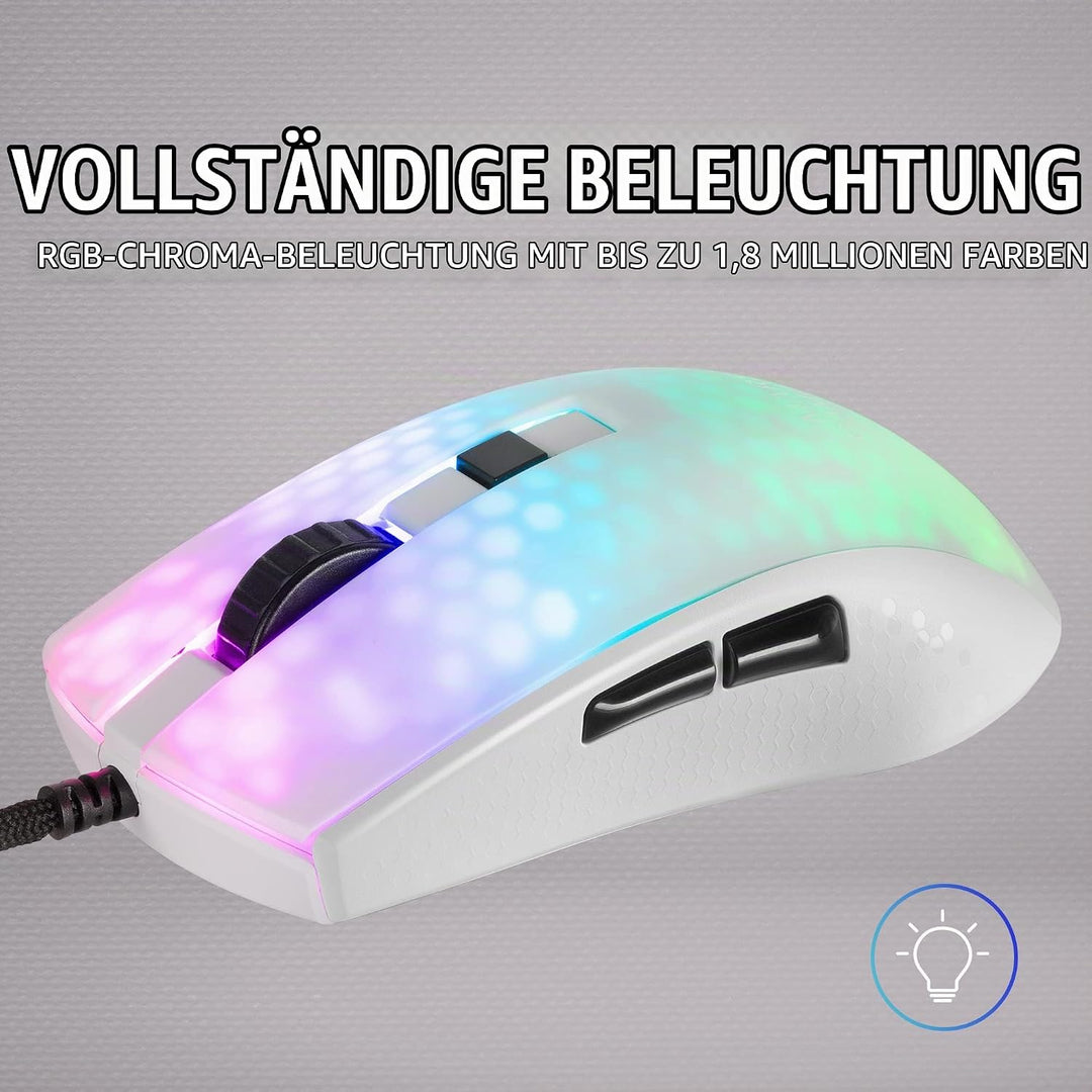 Mars Gaming MMRW Weiss, Maus Gaming RGB Chroma, Transluzent Struktur Ultraleicht 58g, 12800 DPI, Swi