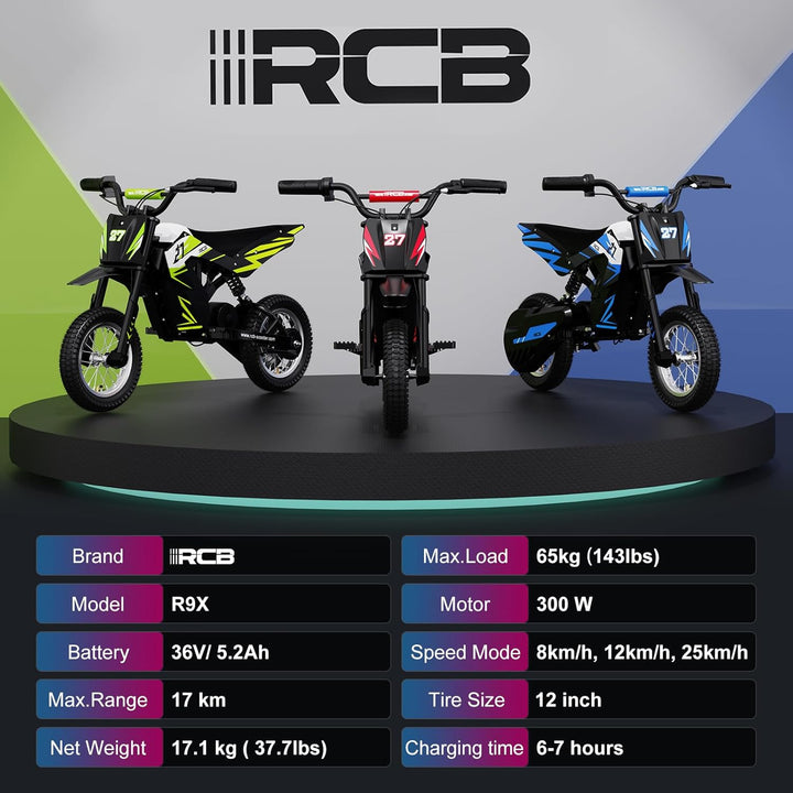 RCB R9X Elektro Motorrad Kinder, 12 Zoll Luftreifen, Elektromotorrad mit Leistungsstarker Motor,5,2A