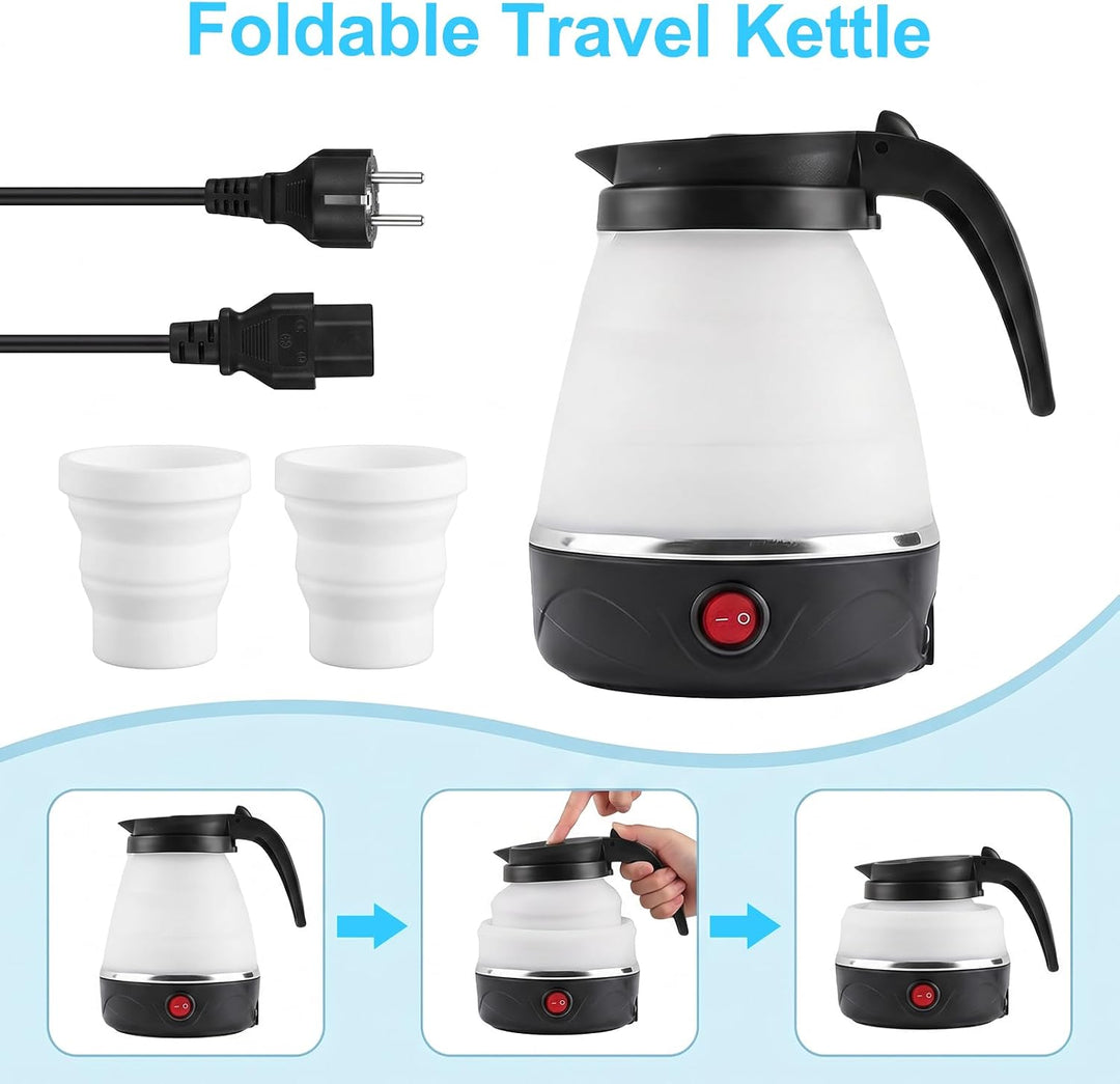 Faltbarer Wasserkocher 0,6L, 750W Reisewasserkocher mit Edelstahlboden, Silikon Camping Teekocher mi