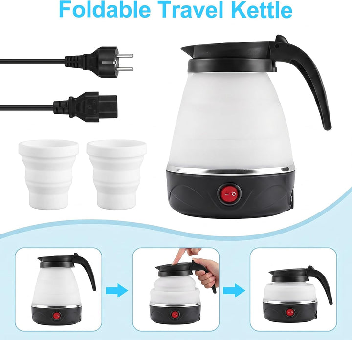 Faltbarer Wasserkocher 0,6L, 750W Reisewasserkocher mit Edelstahlboden, Silikon Camping Teekocher mi