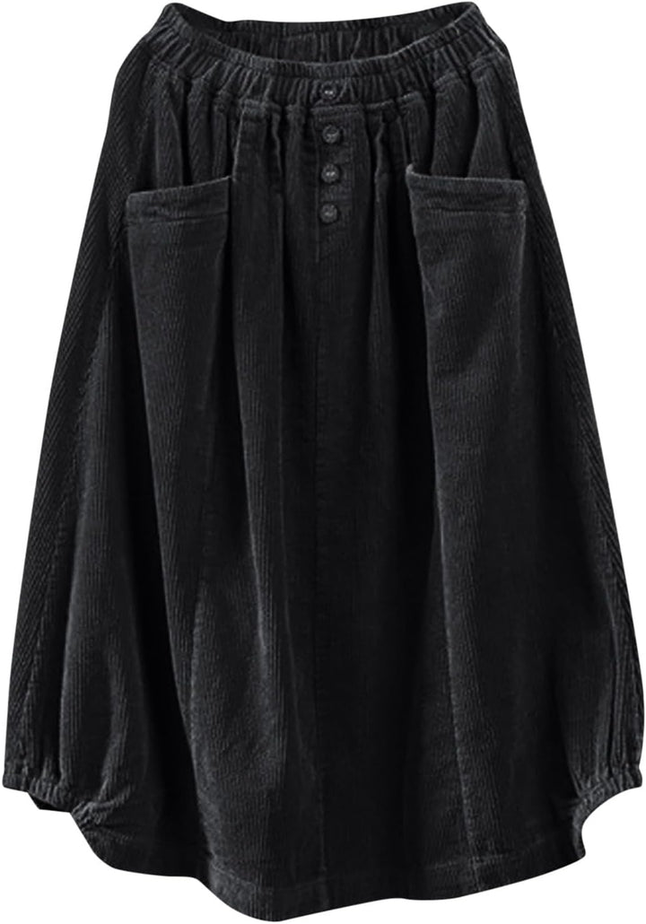 Generisch 2025 Damenrock Winter Cordrock Frauen Midi Lange Röcke Weibliche elastische Taille A-Linie