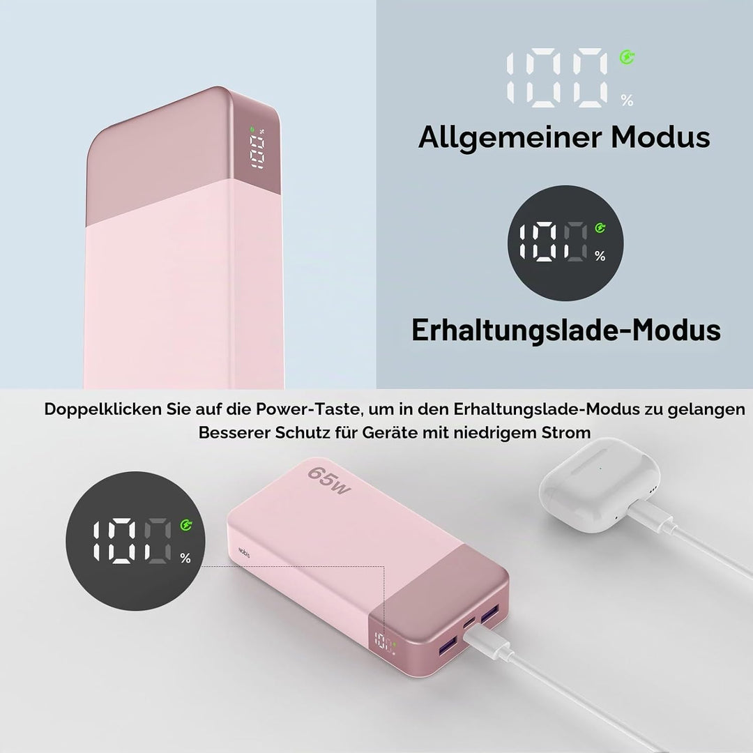 NOBIS Powerbank 20000mAh, 65W Schnellladung Power Bank, Tragbarer Ladegerät mit Digitalanzeige, Dual