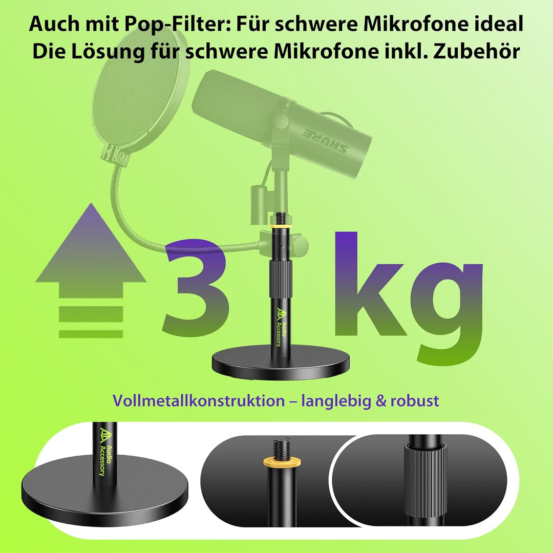 Mikrofonständer Tisch, Ultra-Niedrige 12,7cm Höhenverstellbar, 3kg Tragfähigkeit, Vollmetall Mikrofo