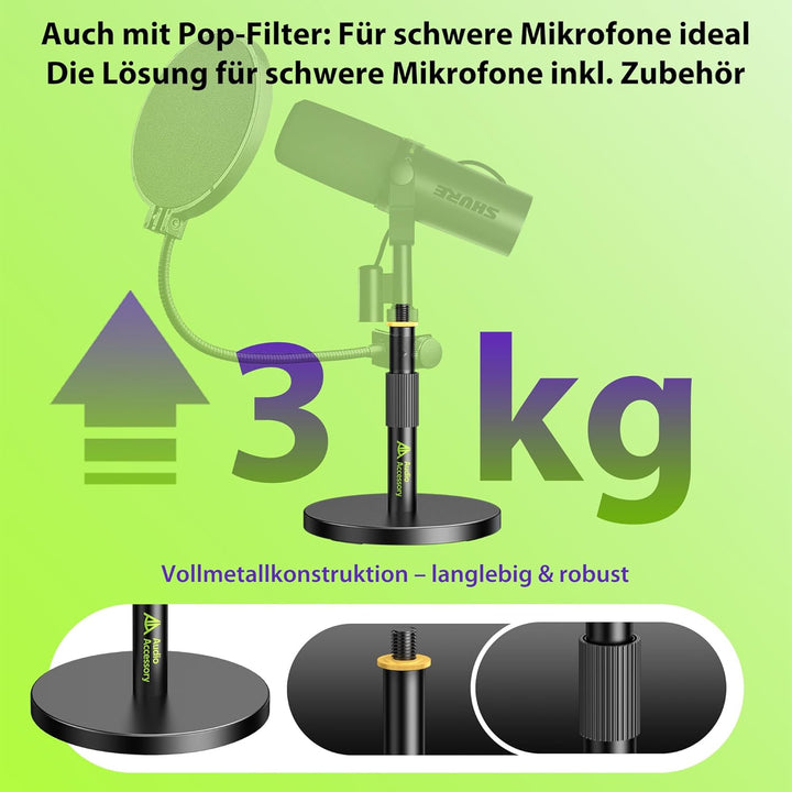 Mikrofonständer Tisch, Ultra-Niedrige 12,7cm Höhenverstellbar, 3kg Tragfähigkeit, Vollmetall Mikrofo