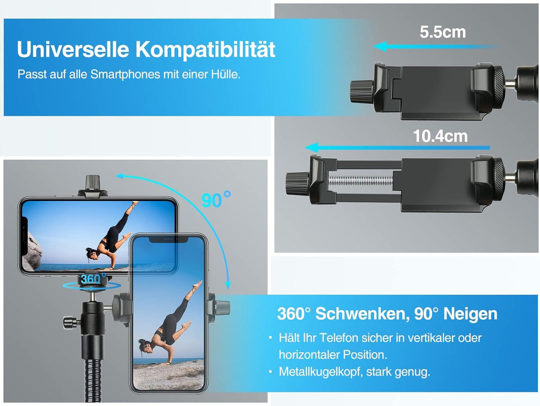 Elitehood 205cm Hoch Handy Stativ, Flexibel Overhead Stativ für Smartphone mit 43cm Verstellbarer Sc