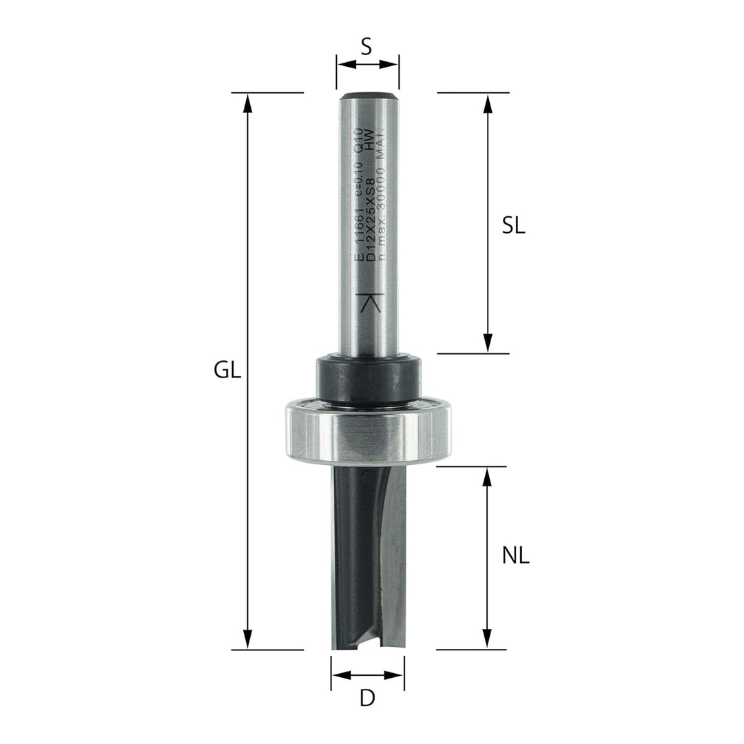 ENT 11661 Bündigfräser HW, Schaft (S) 8 mm, Durchmesser (D) 10 mm, NL 25 mm, SL 40 mm, GL 73 mm, mit