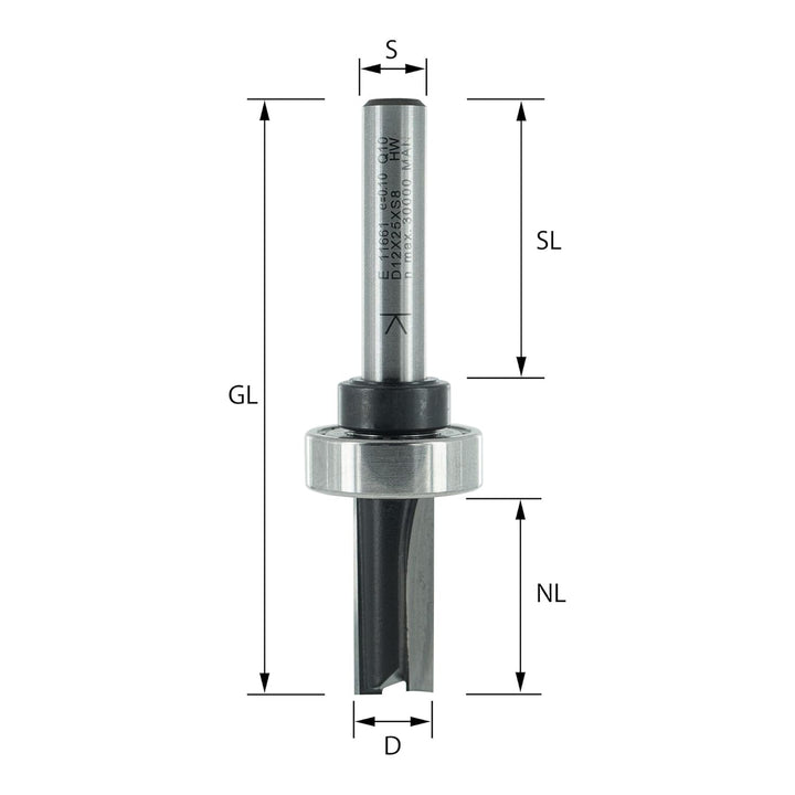 ENT 11661 Bündigfräser HW, Schaft (S) 8 mm, Durchmesser (D) 10 mm, NL 25 mm, SL 40 mm, GL 73 mm, mit