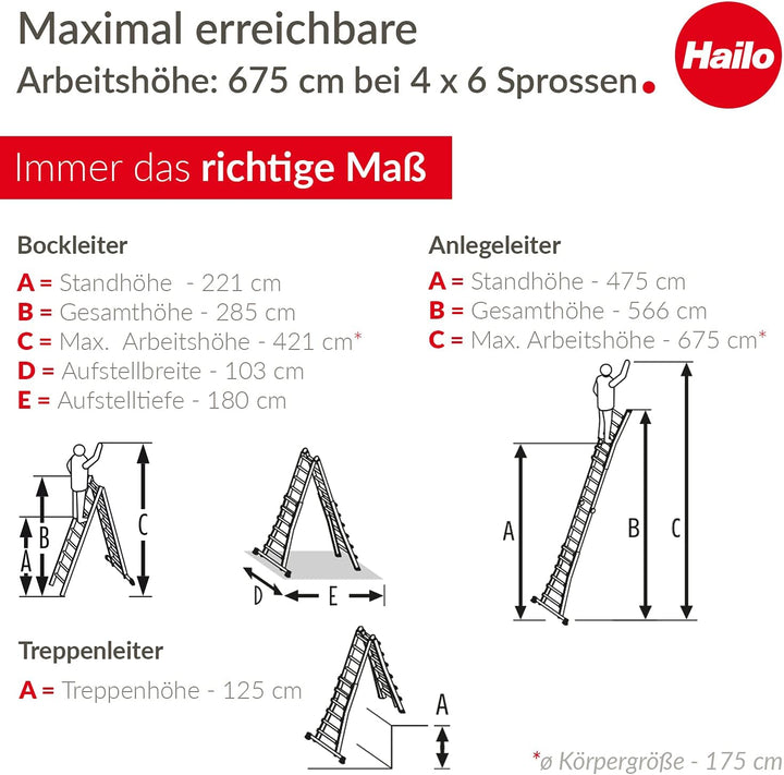 Hailo M80 Alu-Multifunktionsleiter - Mehrzweckleiter mit 4 x 6 Sprossen - variierbar durch 2 Sicherh