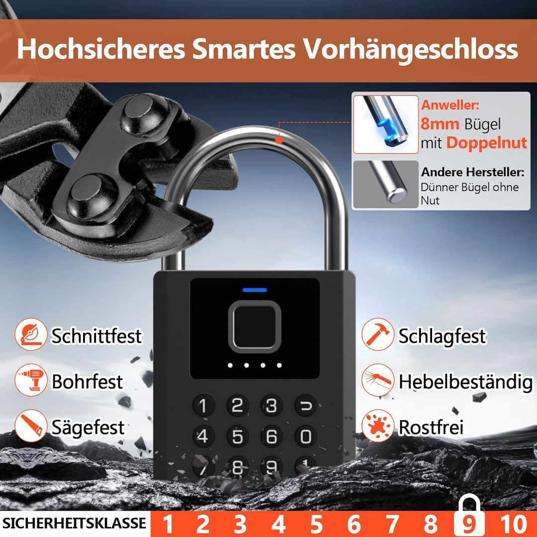 Anweller Vorhängeschloss Fingerabdruck mit Zahlencode – wetterfestes Zahlenschloss mit starkem 8 mm