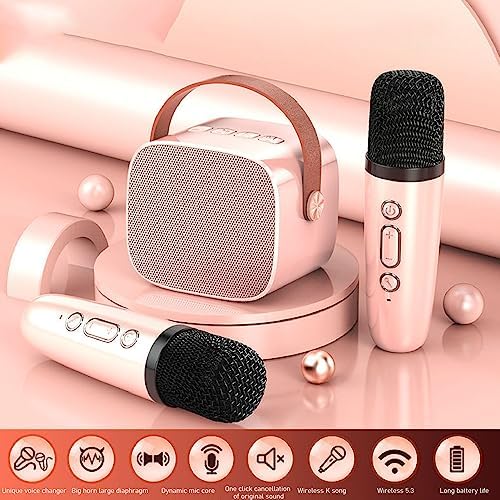Karaoke Maschinen Set, Tragbarer Stereo Bluetooth Lautsprecher mit 2 Kabellosen Mikrofonen für Kinde