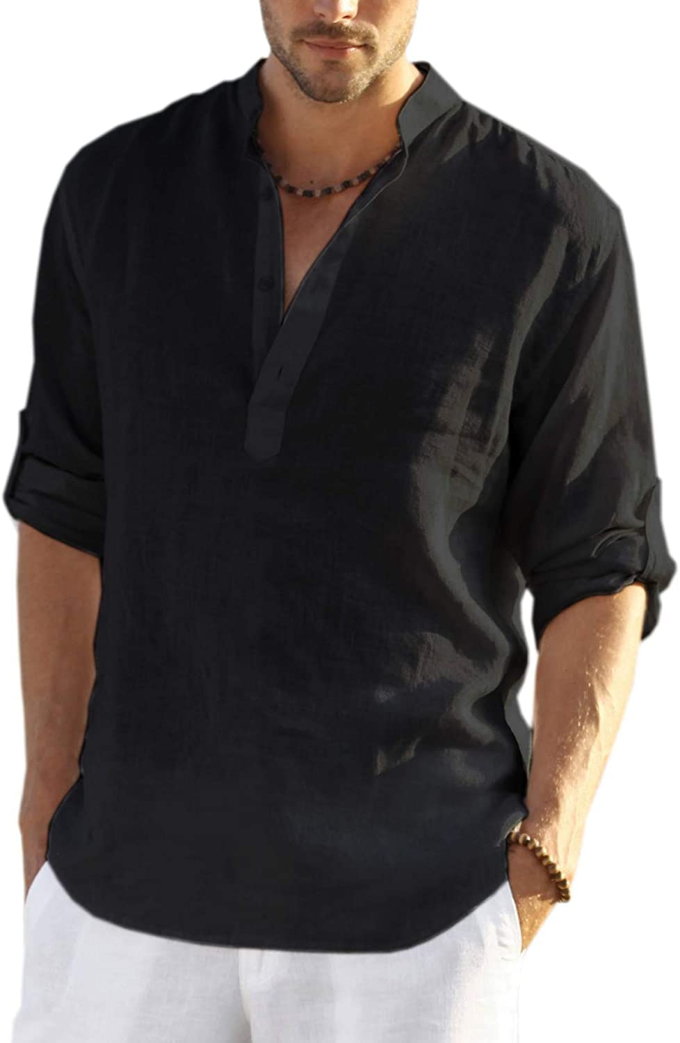 COOFANDY Herren Hemd Langarm Henley Shirt Leinenhemd Baumwolle Casual Regular Fit Sommerhemd Schwarz