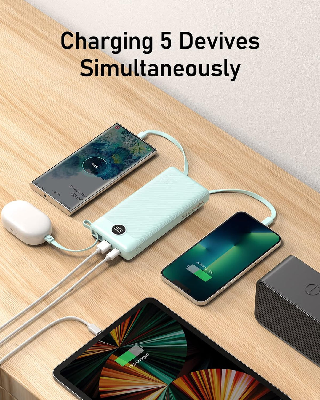 Powerbank 20000mAh Power Bank mit Kabel VEEKTOMX Powerbank USB C Tragbares Ladegerät 5 Ausgängen LED