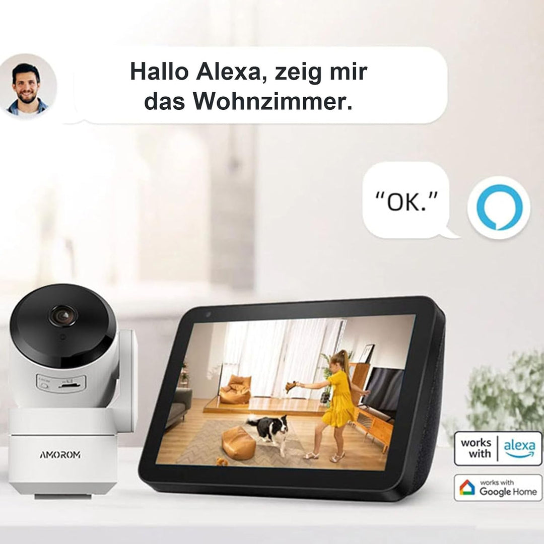 AMOROM WLAN Überwachungskamera Innen 360°, 2K KI-Kamera Überwachung mit Benutzerdefinierte Szenariow
