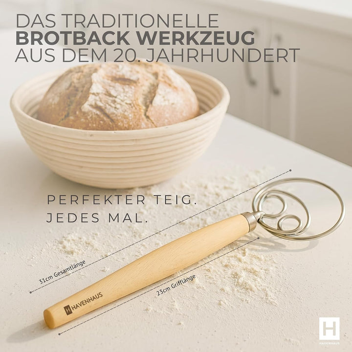 HAVENHAUS Backset Brotkorb Dänisch - Gärkörbchen Backen Set Sauerteig Brot Dänischer Schneebesen Gär