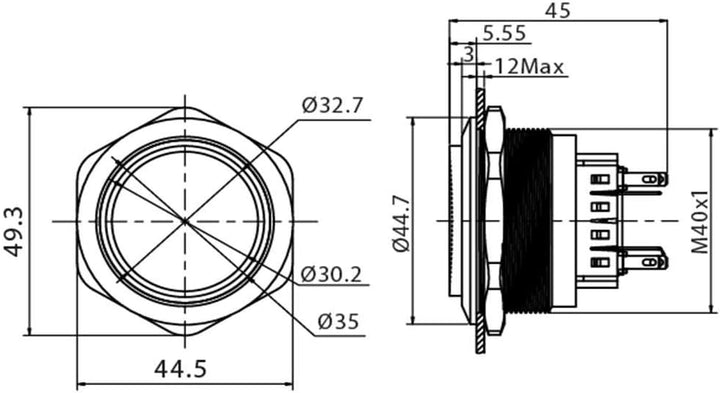 Edelstahl Drucktaster Ø40mm, 2-polig, 10 Pin, Symbol Licht LED Ring (Rot), Rot