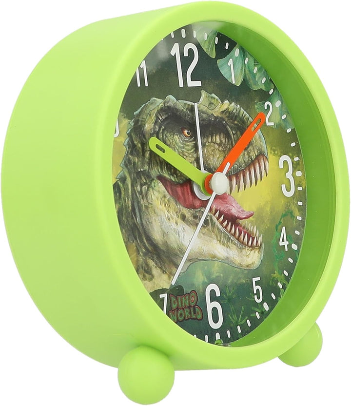 Depesche 12691 Dino World - Wecker für Kinder in Grün mit Dino-Motiv, lautlose Uhr mit Licht-Funktio