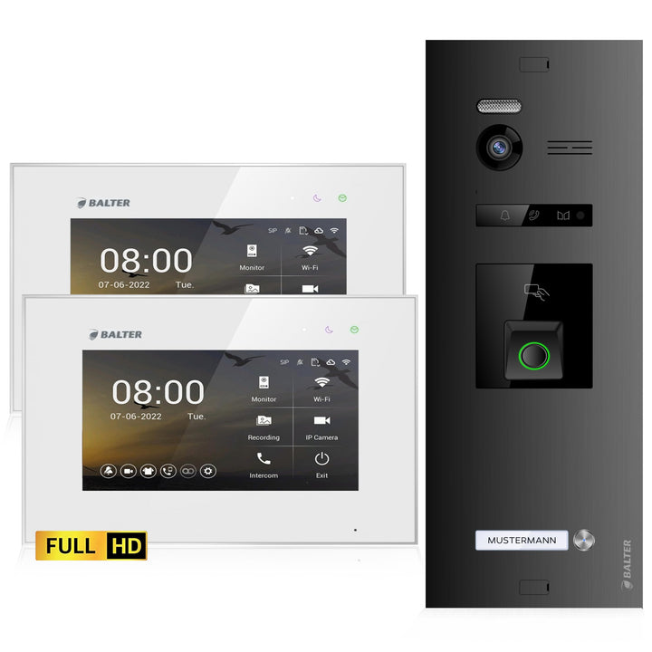 Balter EVO-HD Video Türsprechanlage mit Fingerprint, Video Türklingel, 1 Familienhaus, 2X 7 Zoll Mon