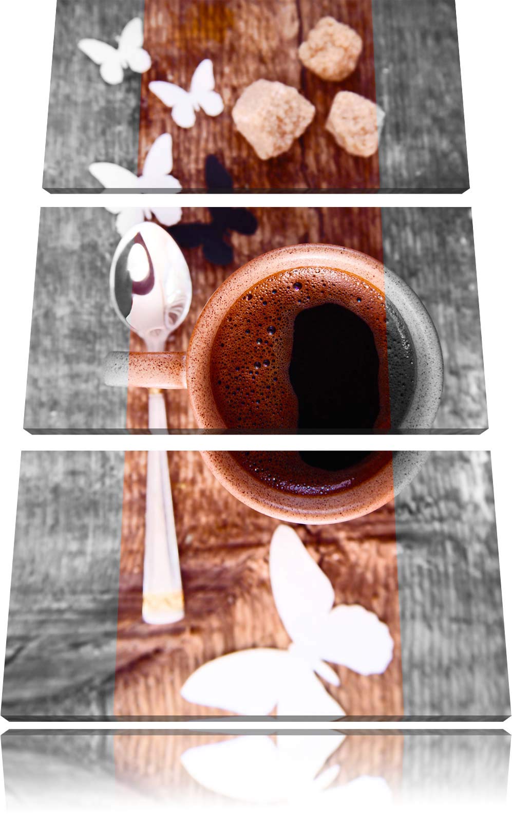 schmackhafter Kaffee mit Schmetterlingsdeko schwarz/weiss 3-Teiler Leinwandbild 120x80 Bild auf Lein