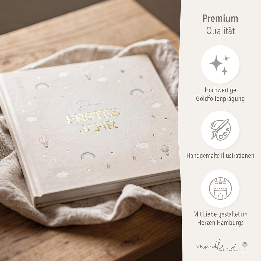 mintkind® Mein erstes Jahr Babyalbum Pattern Beige – sanftes Babytagebuch mit 176 Seiten und Sticker