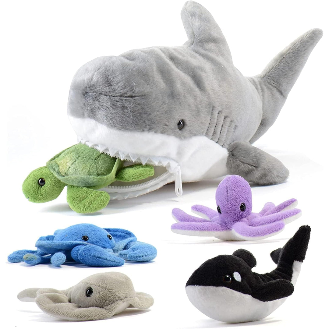 Prextex 38 cm grosser Plüsch-Hai plus 5 weiche Plüsch-Meerestiere, Kuscheltiere Stofftiere wie Oktop