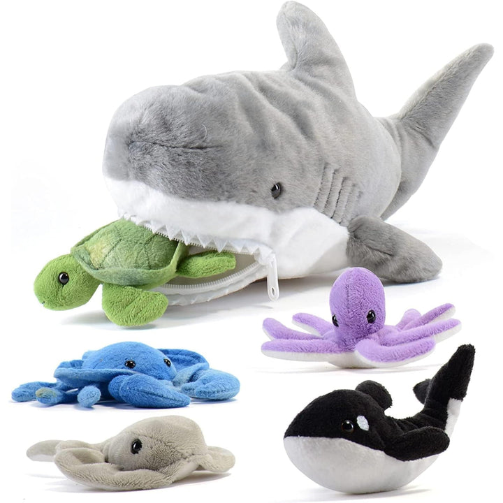 Prextex 38 cm grosser Plüsch-Hai plus 5 weiche Plüsch-Meerestiere, Kuscheltiere Stofftiere wie Oktop