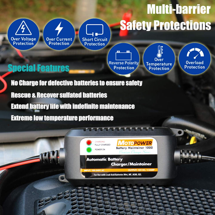 MOTOPOWER MP00206A 12V 1.5Amp Automatisches Ladegerät/Wartung für Autos, Motorräder, Geländefahrzeug