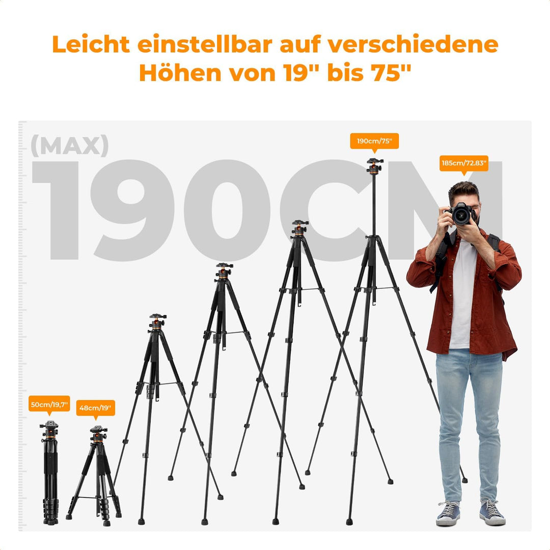 K&F CONCEPT Kamerastativ S255A3+BH-36,190cm Handy-Stativ,Tripod für Canon Nikon Sony Kamera/DSLR/Cam