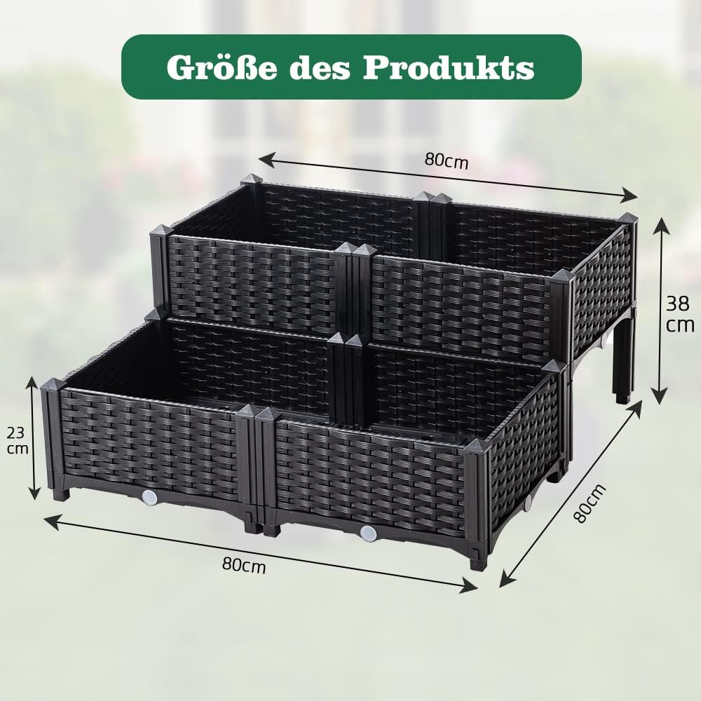 Mingone 4X Blumenkasten Rattan Optik Blumentopf aus Kunststoff Blumenkasten Balkonkasten mit Wassers