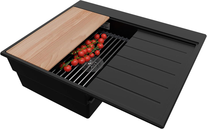 PRIMAGRAN Spülbecken Schwarz 62x50cm, Granitspüle 1 Becken + Ablauf-Set + Küchenzubehörset, Küchensp