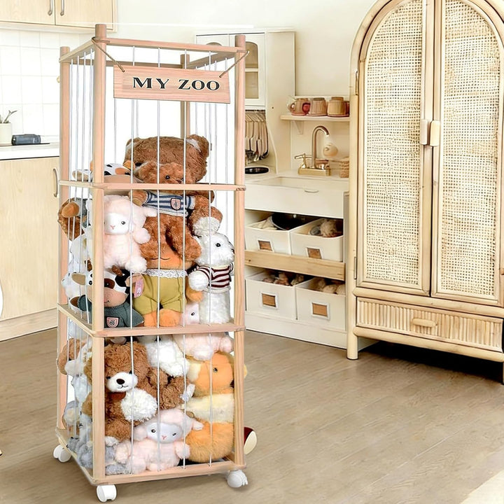 Holz Kuscheltier Aufbewahrung mit °Räder, 135 * 40 * 40cm Stofftier Aufbewahrung für Kuscheltiere, A