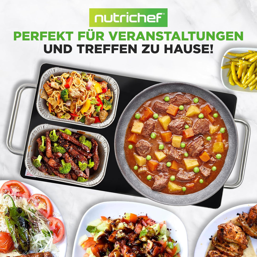 NutriChef Warmhalteplatte Elektrisch – 50,8 x 30,5 cm Glas-Kochplatte mit Griffen für Speisen, Für B