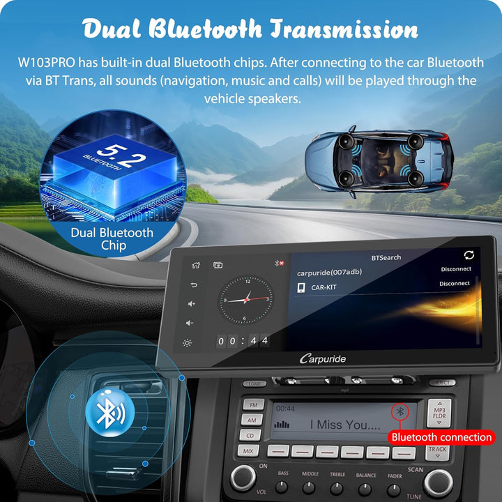 Carpuride W103 Pro mit Kabelloser Bluetooth-Übertragung, Tragbares Carplay und Android Auto-Autoradi