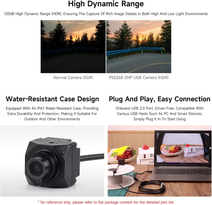 Waveshare PS5268 2MP USB Camera Module, 120dB High Dynamic Range, USB2.0 Port, Rolling Shutter