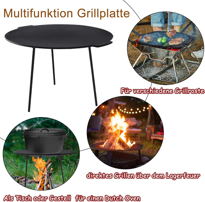 YRHome BBQ Gusseisen Grillplatte Rund Ø45 cm Dutch Oven Ständer Dreibein Grillplatte Grillpfanne mit