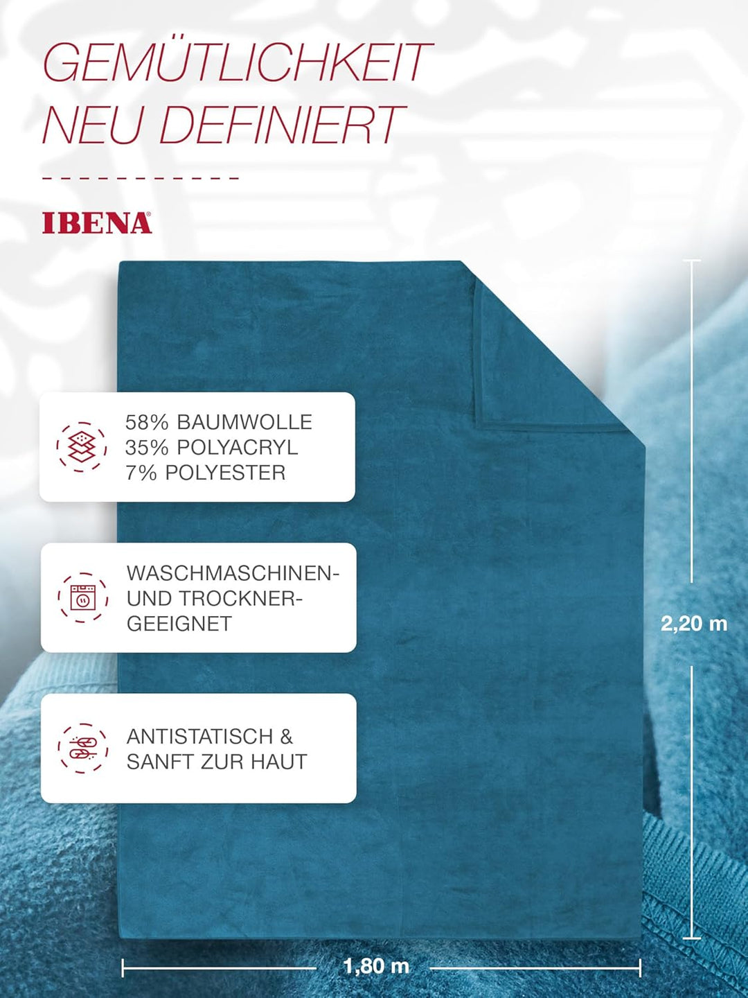 Ibena Porto XXL Decke 180x220 cm – Baumwollmischung weich, warm & waschbar, Tagesdecke Petrol einfar