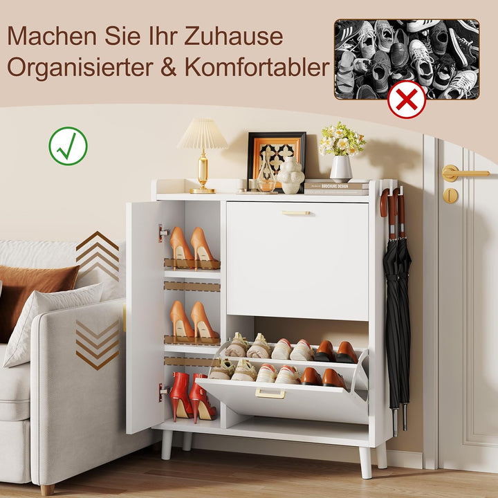 Schuhschrank mit 3 Klappen, Schmaler Schuhaufbewahrung mit Griffen,Freistehendes Schuhregal mit Mass