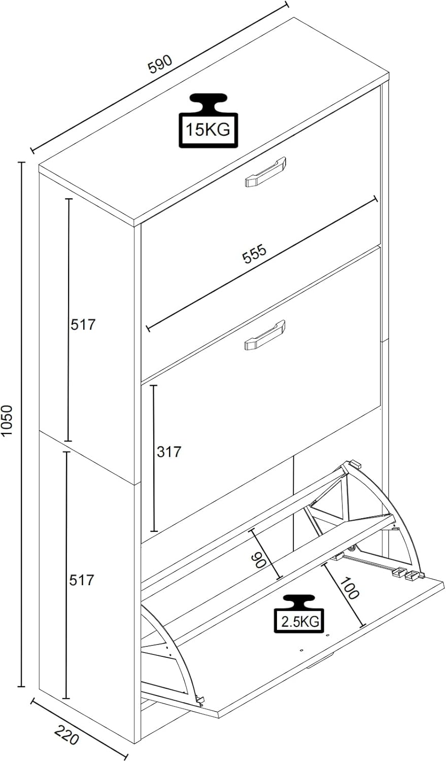 VCM Holz Regal Kipper Schuhregal Schuhschrank Schuhkipper 3 Klappen Halom M Anthrazit, Anthrazit