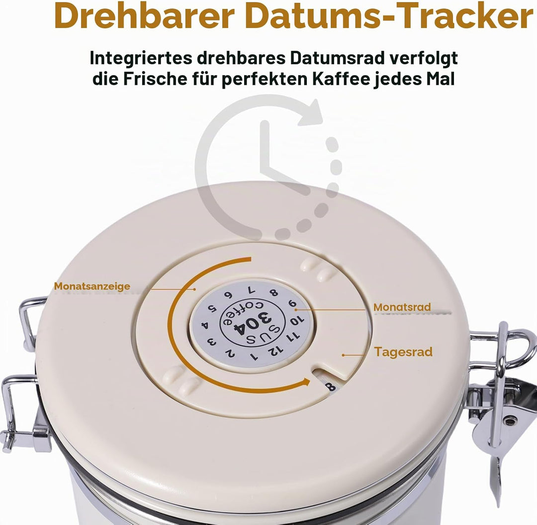 Luftdichte 304 Edelstahl Kaffeedose, 1,8 L Kaffeedose Luftdicht mit Datumsverfolgung und Edelstahllö