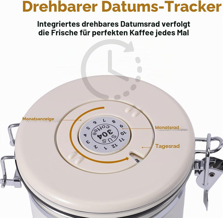 Luftdichte 304 Edelstahl Kaffeedose, 1,8 L Kaffeedose Luftdicht mit Datumsverfolgung und Edelstahllö