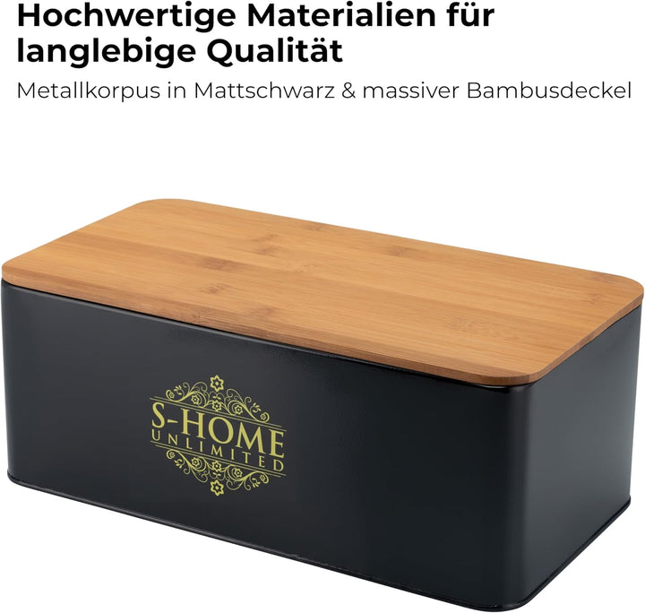 Brotkasten Metall Schwarz mit Bambusdeckel | 2-in-1 Brotbox & Schneidebrett | Belüftete Brotaufbewah