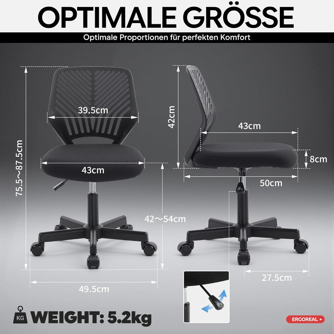 Ergonomischer Bürostuhl ohne Armlehne, Bürostuhl mit Rollen & Höhenverstellung, Bürostuhl Cozy mit E