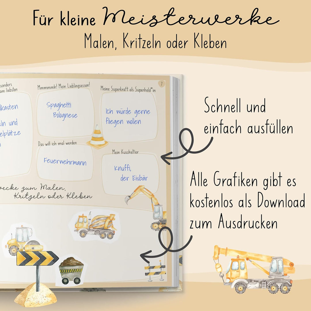 lila liebt dich® Freundebuch Kindergarten Bagger I Kindergarten Freundebuch Jungs - Kindgerecht mit