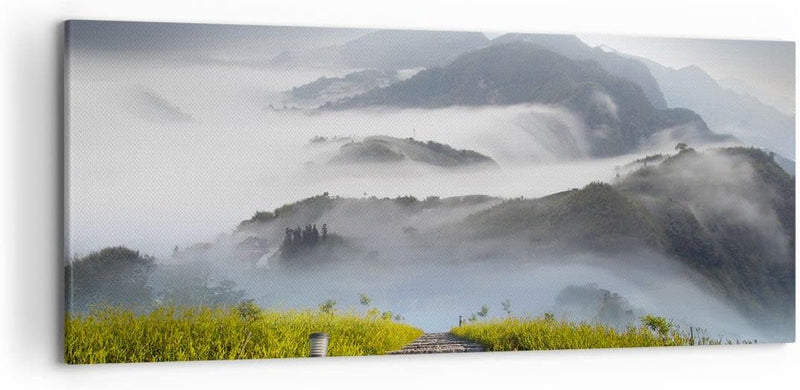 Wandbilder Dekoration Wohnzimmer Berg Nebel Landschaft Morgen Panorama Bilder auf Leinwand 120x50cm